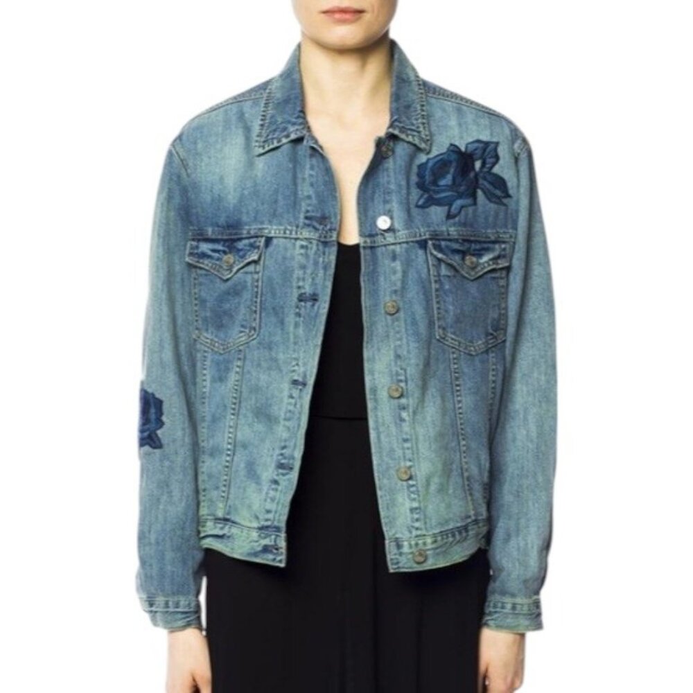 All Saints blue embroidered floral denim jacket size S